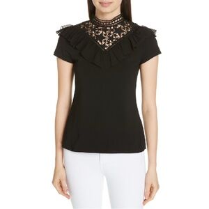 Ted Baker Aurra Joyous Mixed Media Black Star Lace Ruffle Top Size 0